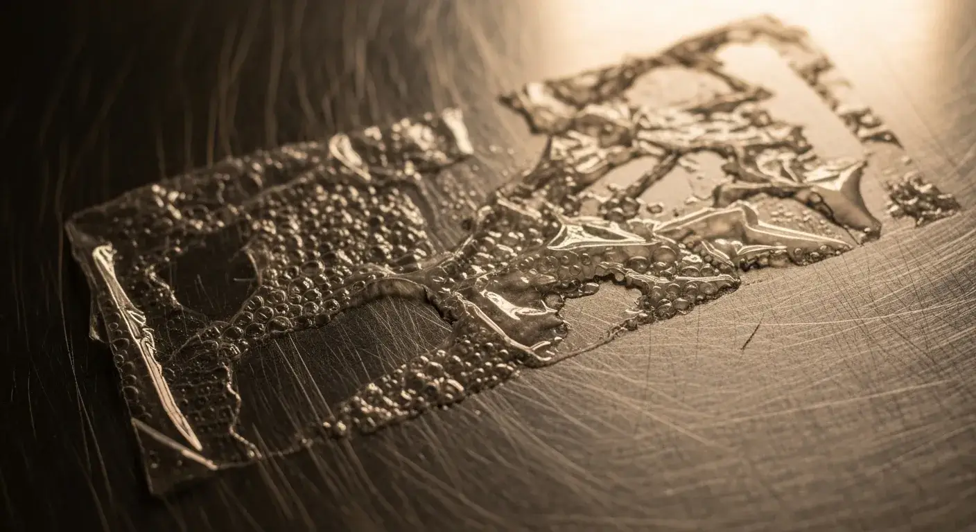 Torn plastic film stuck on metal sheet