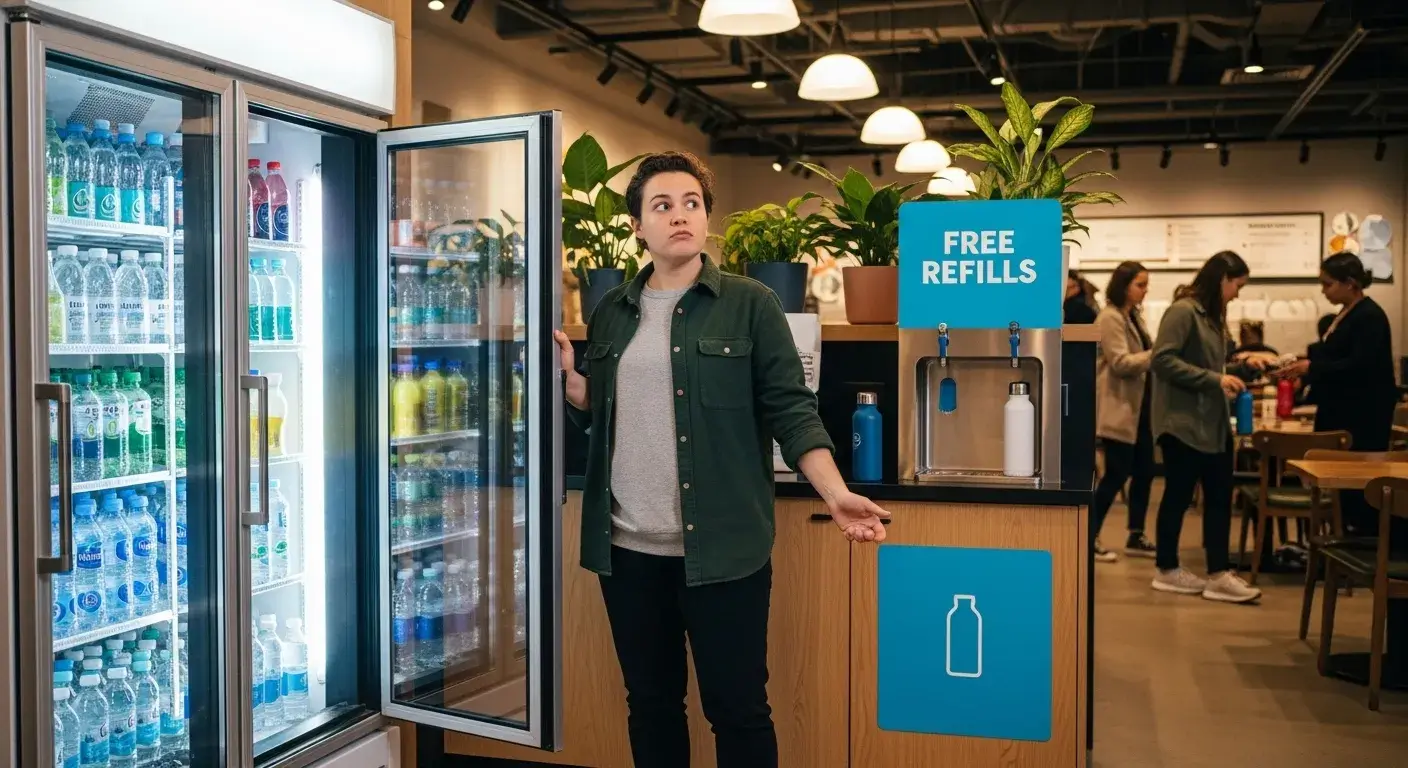 Confused consumer looking at bottled water vs refill station