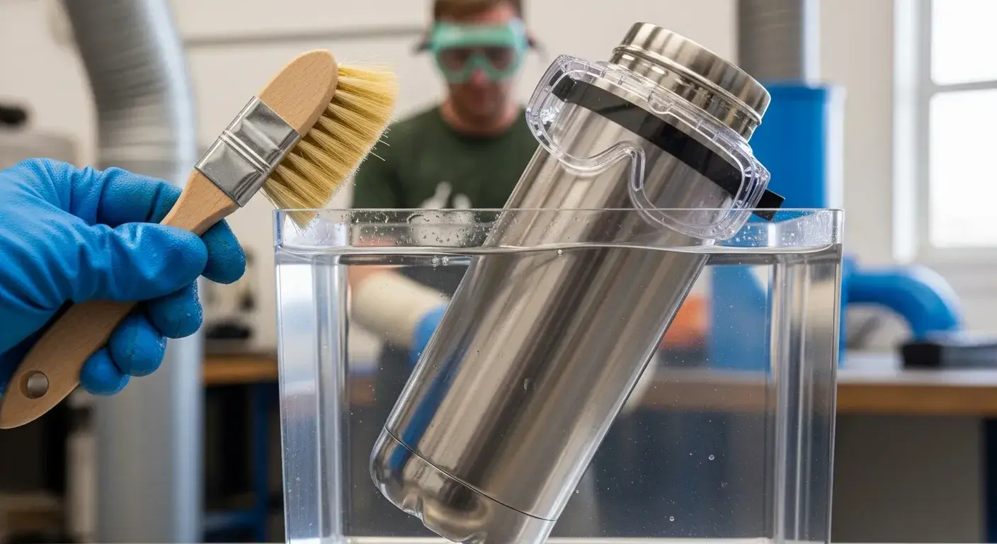 Tumbler dipped in chemical bath