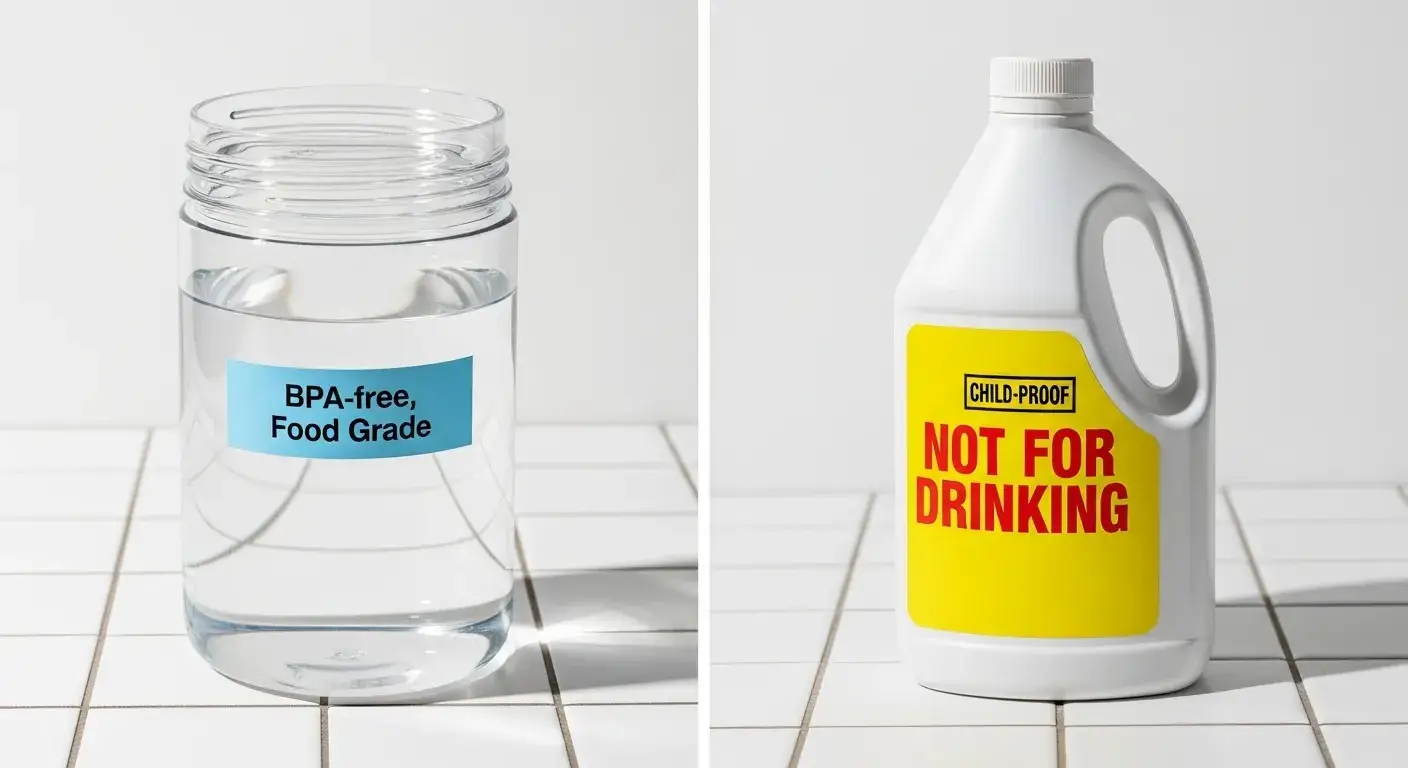 Labeled food-safe water bottle next to unsafe bleach bottle