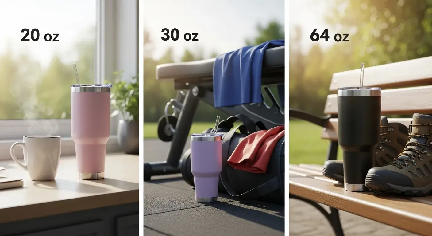 Pick tumbler by lifestyle Three tumblers with activity icons: work, gym, hiking