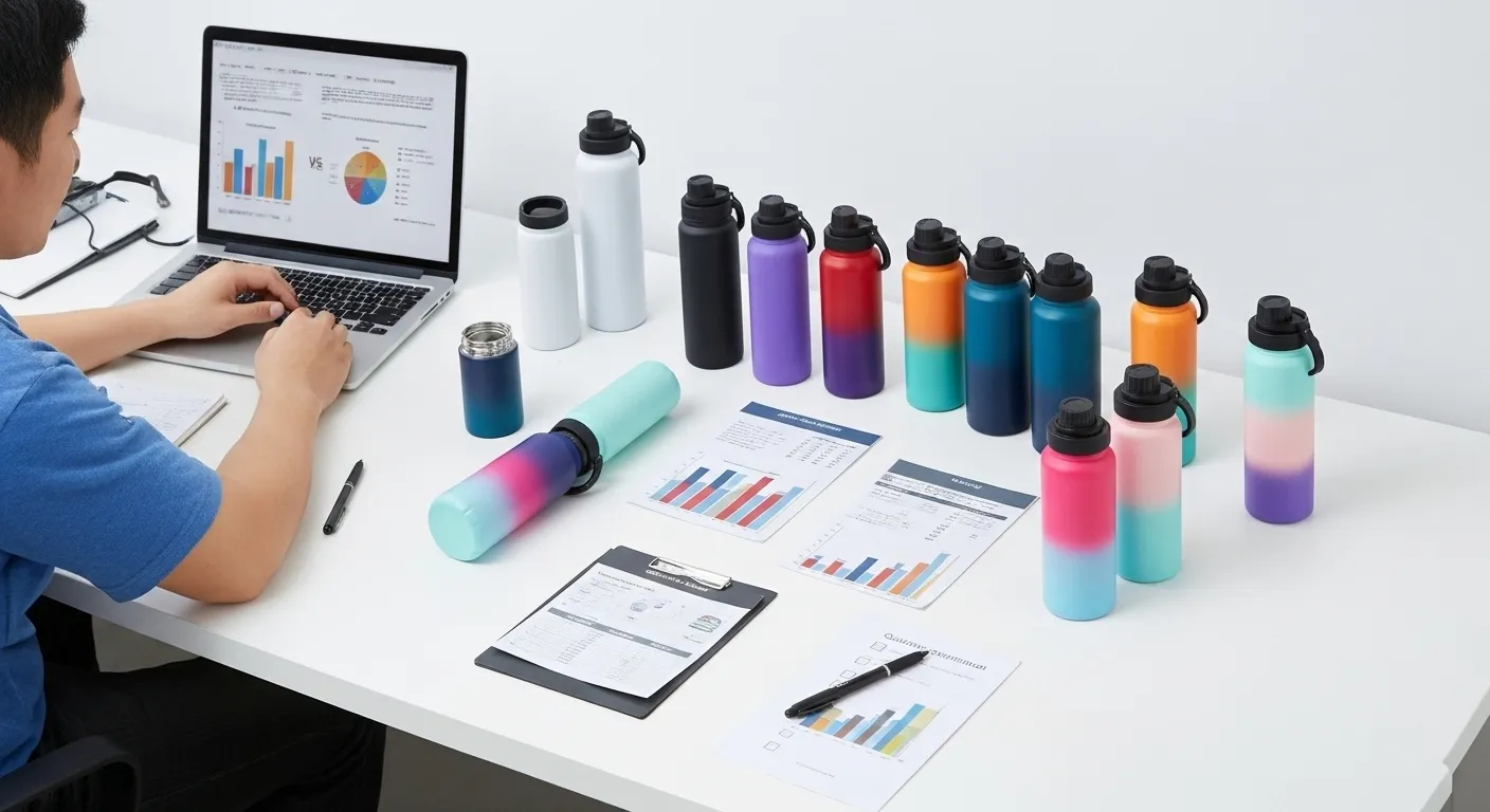 Person reviewing supplier options on laptop with samples nearby