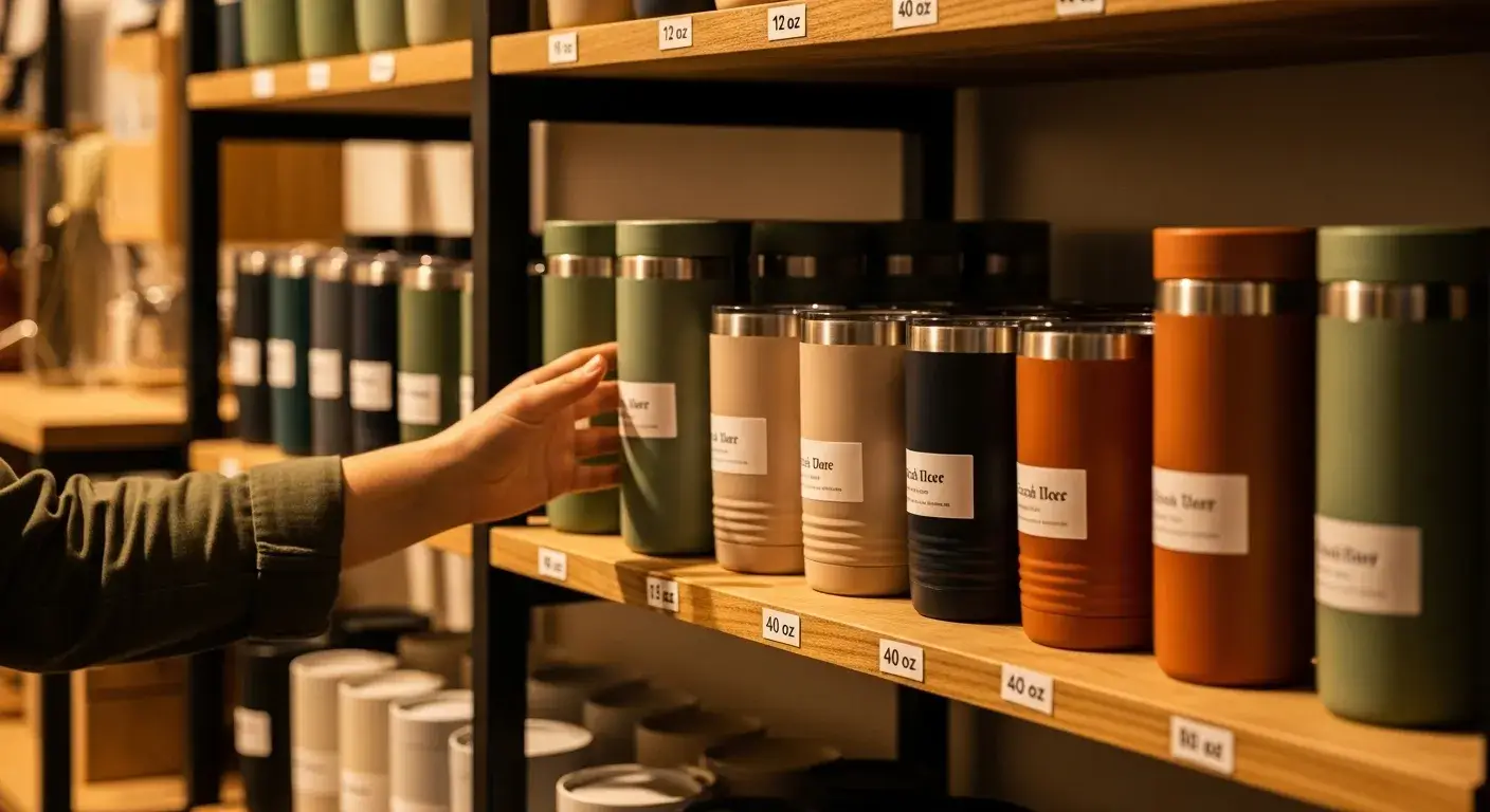 Person choosing from different tumbler sizes on a shelf