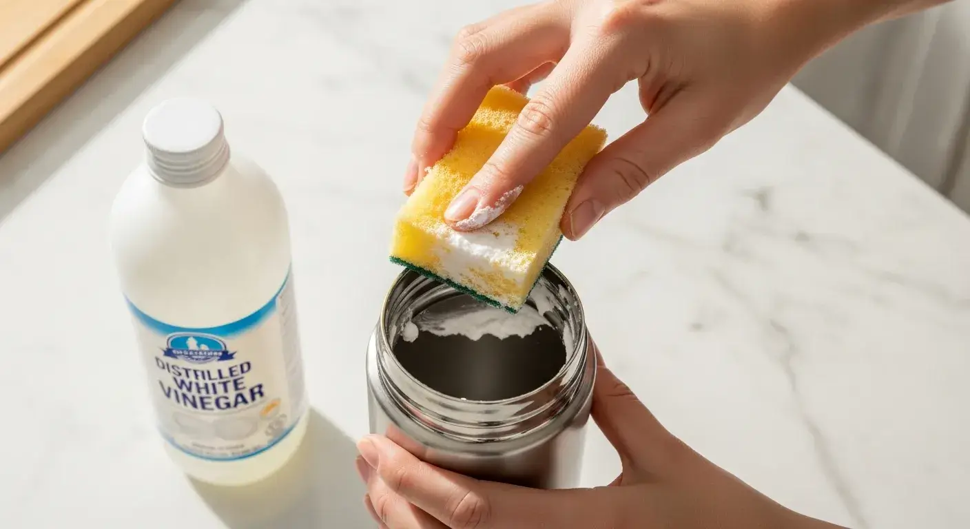Household ingredient stain removal Hand applying baking soda paste to bottle; vinegar bottle nearby