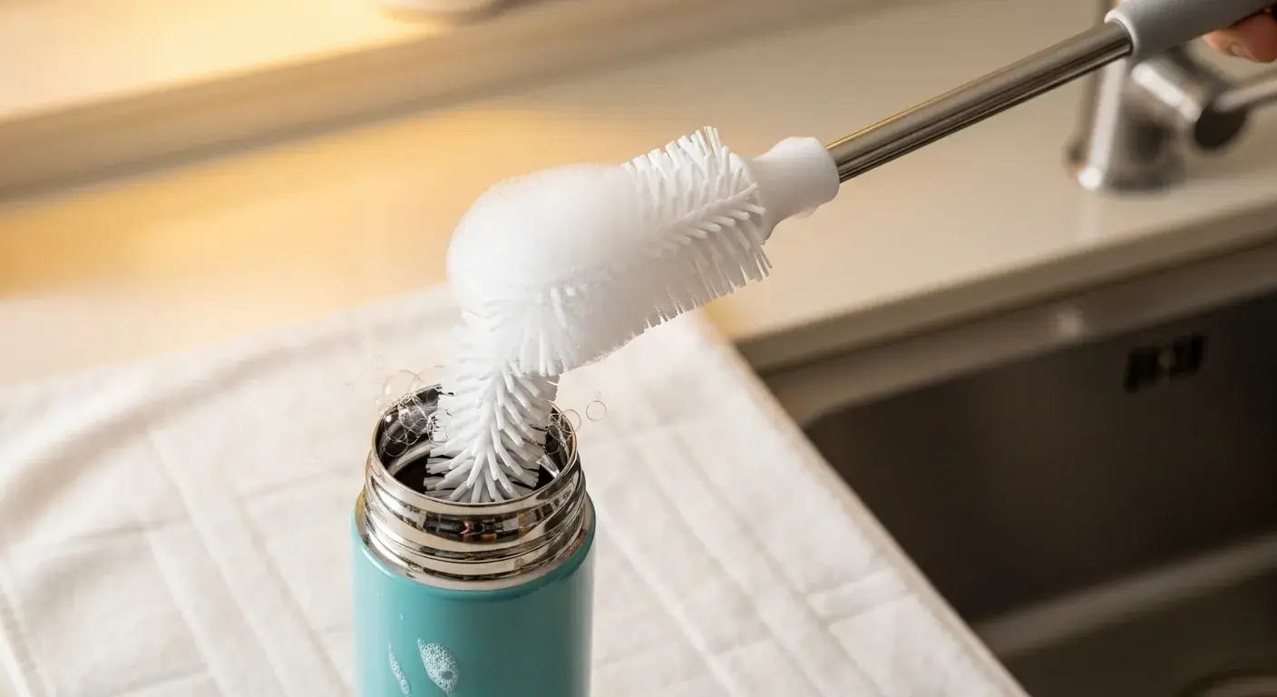 Cleaning hard-to-reach bottle spots Long bottle brush cleaning inside narrow-neck bottle