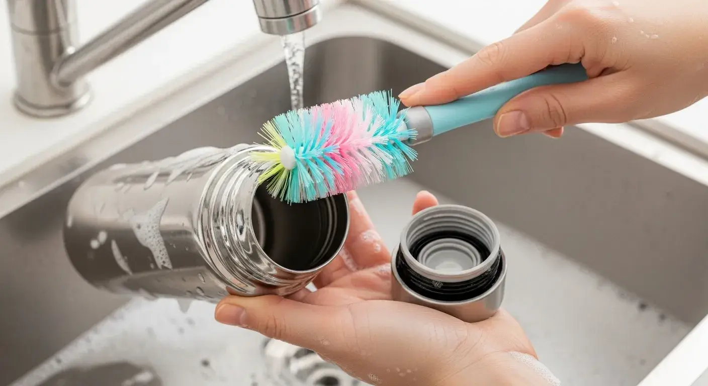 Bottle brush cleaning stainless bottle