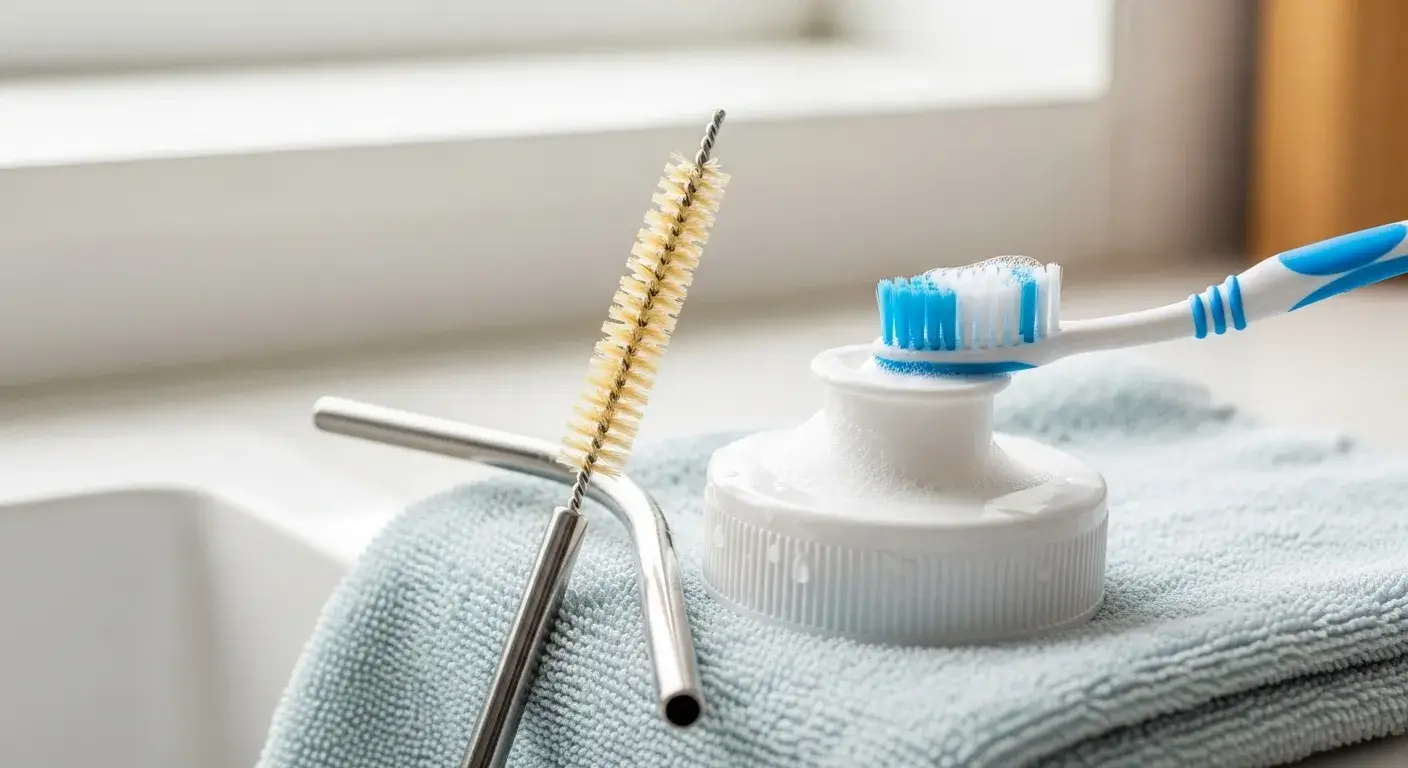 Cleaning bottle parts Small brushes cleaning inside a bottle cap and straw