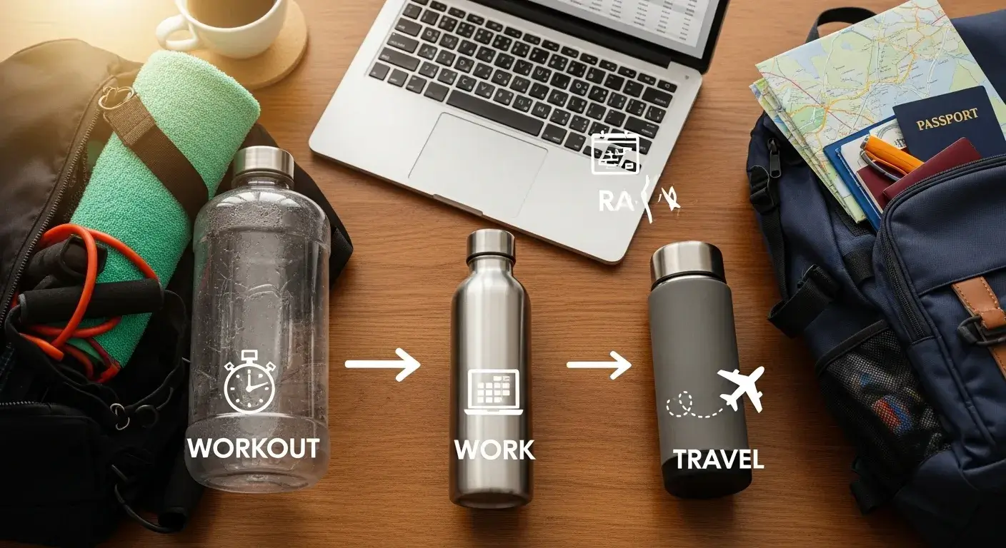 Match cleaning to usage Workout bottle, desk bottle, and travel bottle side by side