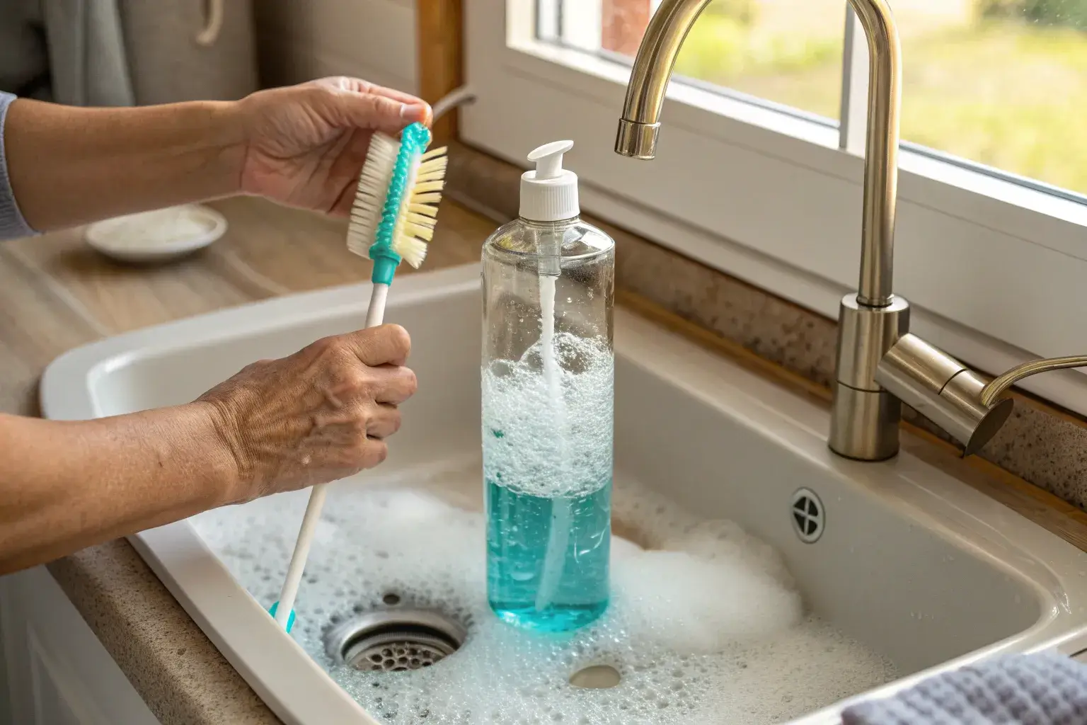 How to clean properly Person scrubbing bottle with brush and soap