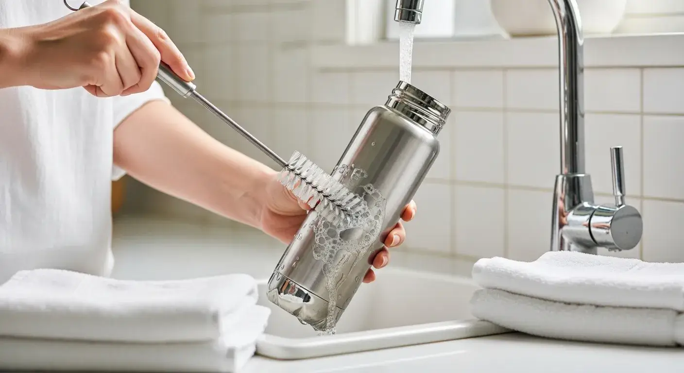 Bottle being washed with brush and soap
