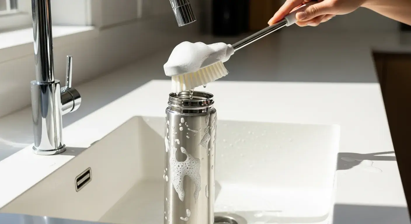 Person easily cleaning stainless bottle with brush and soap