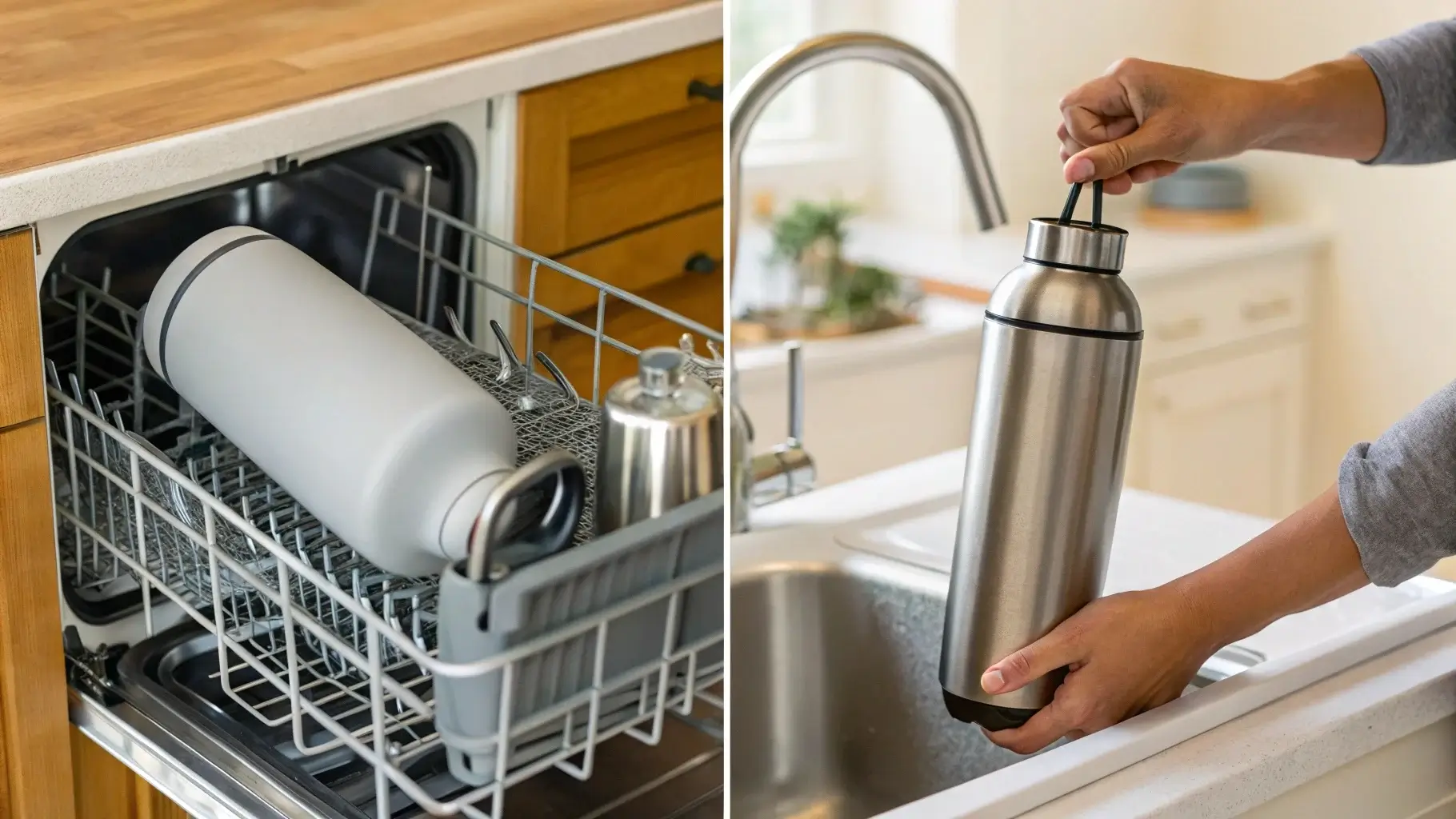 Person cleaning stainless steel bottle in dishwasher while aluminum bottle is hand-washed