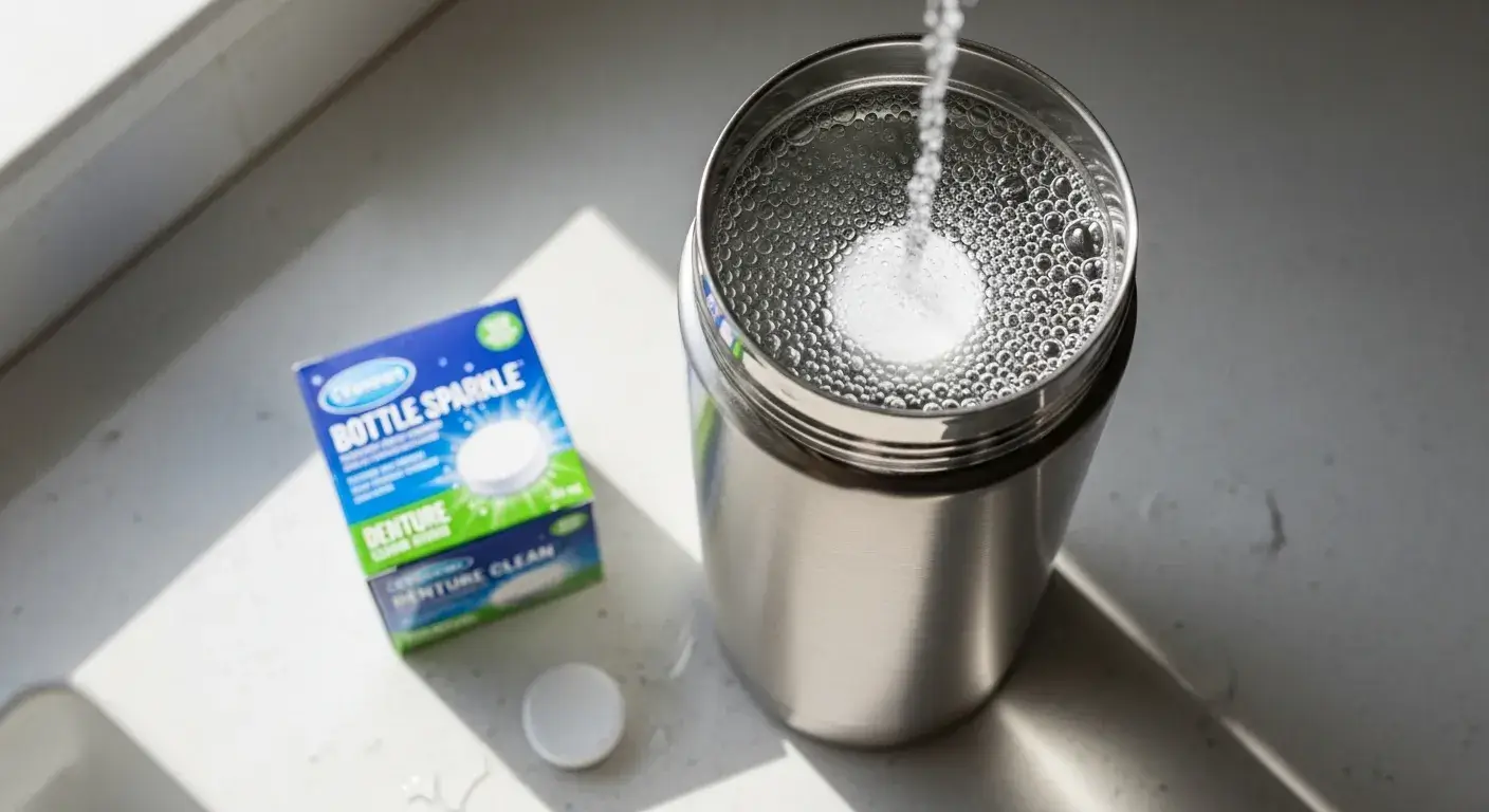 Using bottle cleaning tablets Effervescent tablet fizzing in stainless steel bottle filled with water