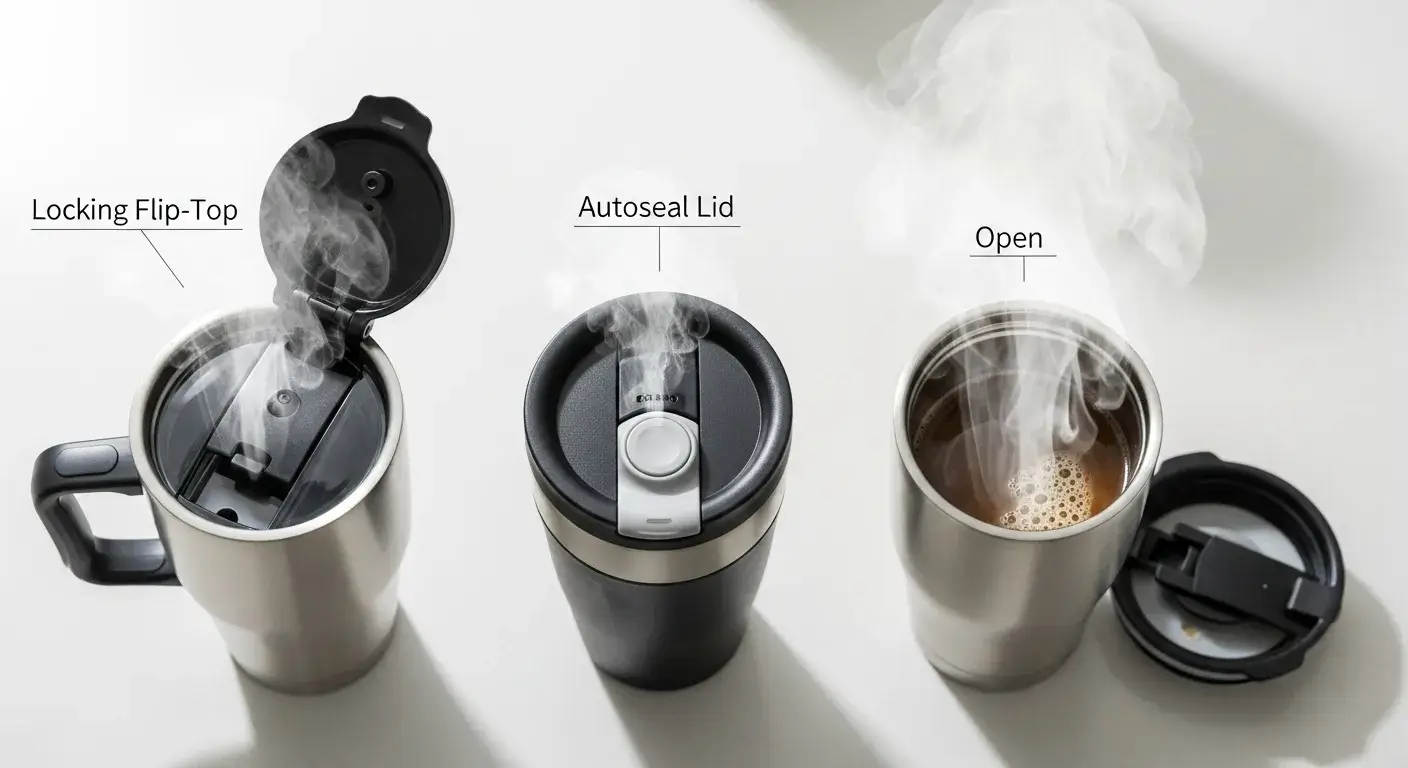 Lid type affects heat Flip-top, autoseal, and open lid types displayed with steam loss levels