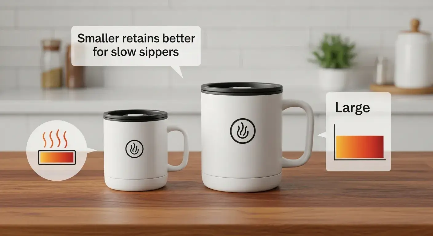 Size vs heat retention Small vs large travel mug comparison with steam retention icons