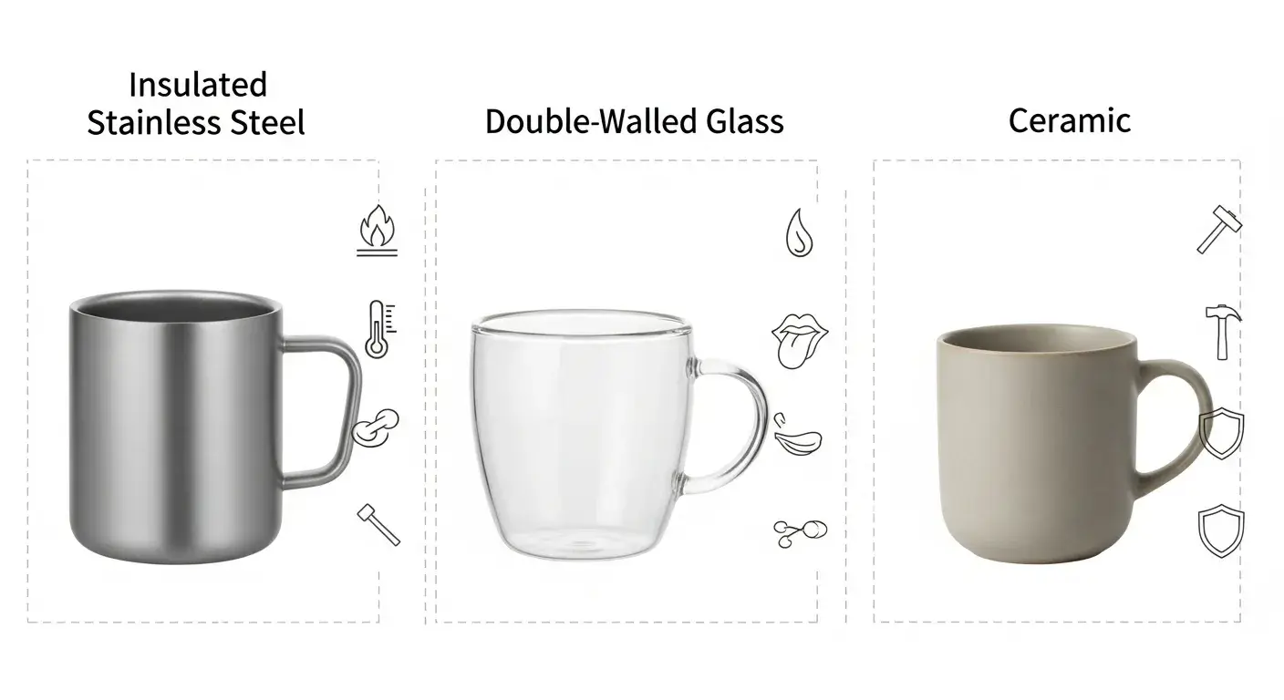 Coffee mug comparison summary Comparison grid: steel, glass, ceramic mugs with icons for heat, durability, taste