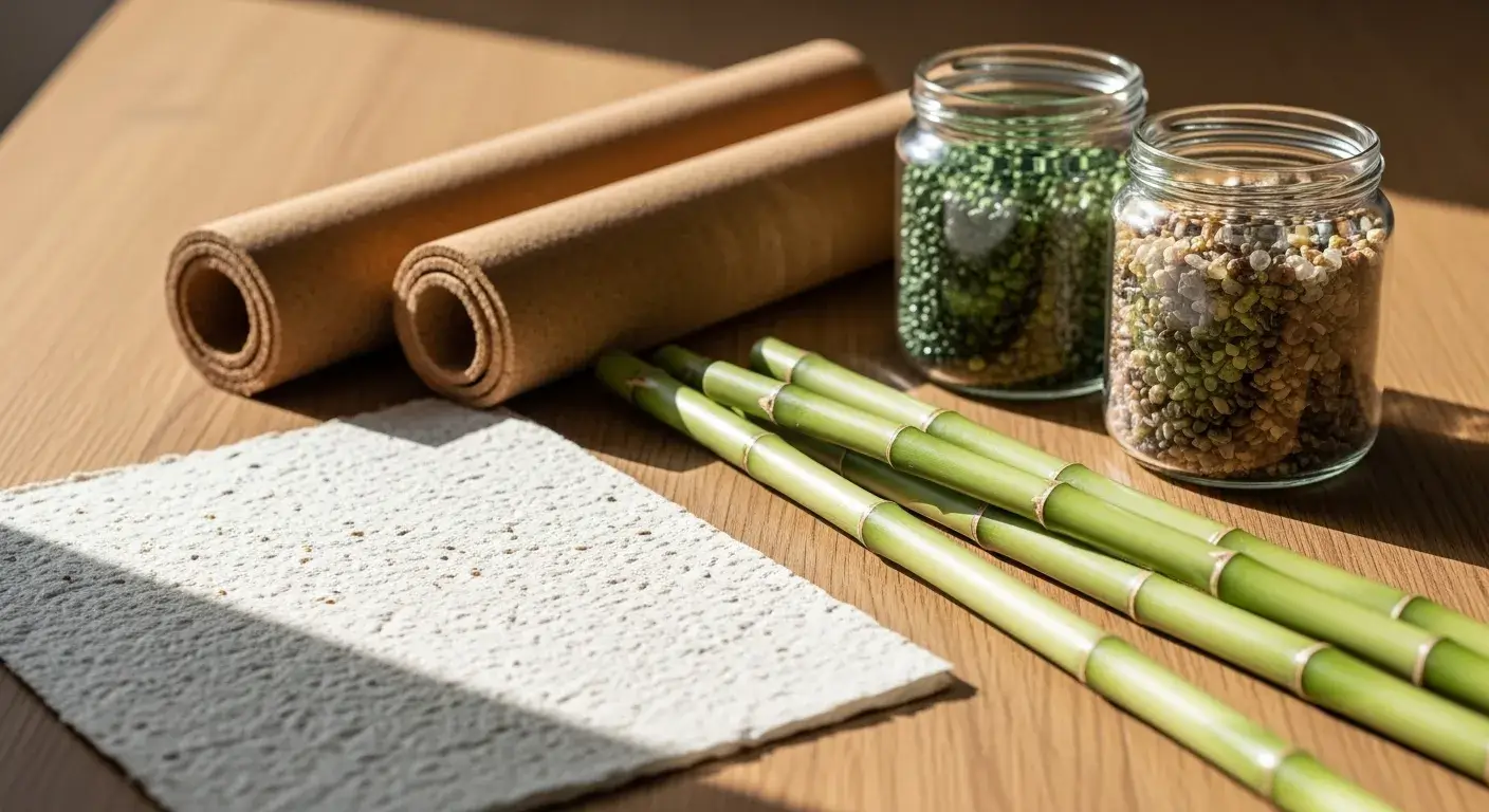Popular sustainable materials Seed paper, bamboo, cork, and recycled plastic in a materials display
