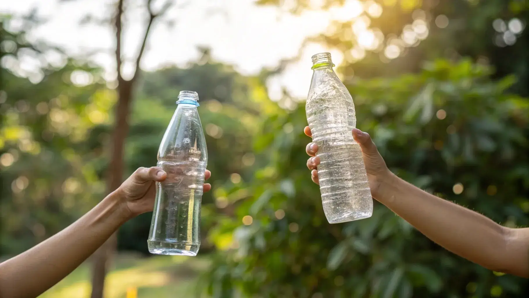 Hands holding glass and plastic bottle outdoors