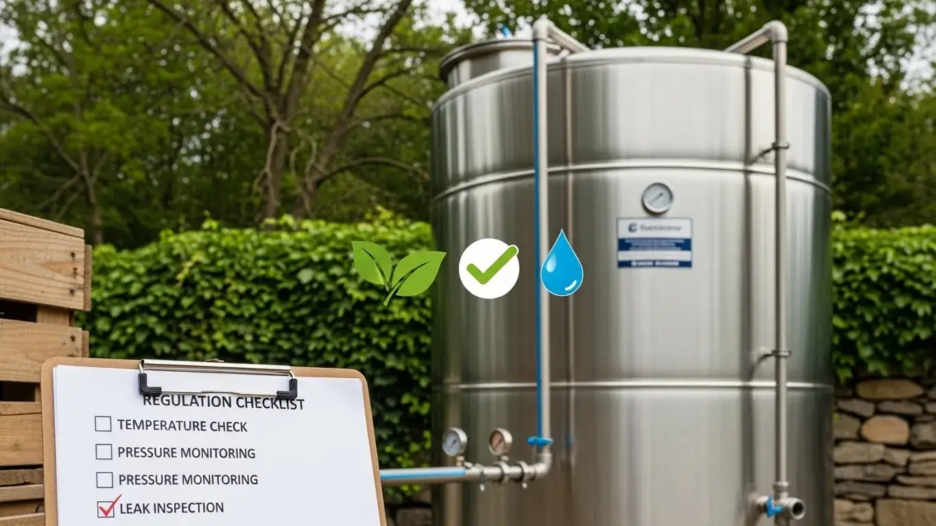 Compliant and eco-safe tank Stainless tank beside compliance checklist and eco symbols