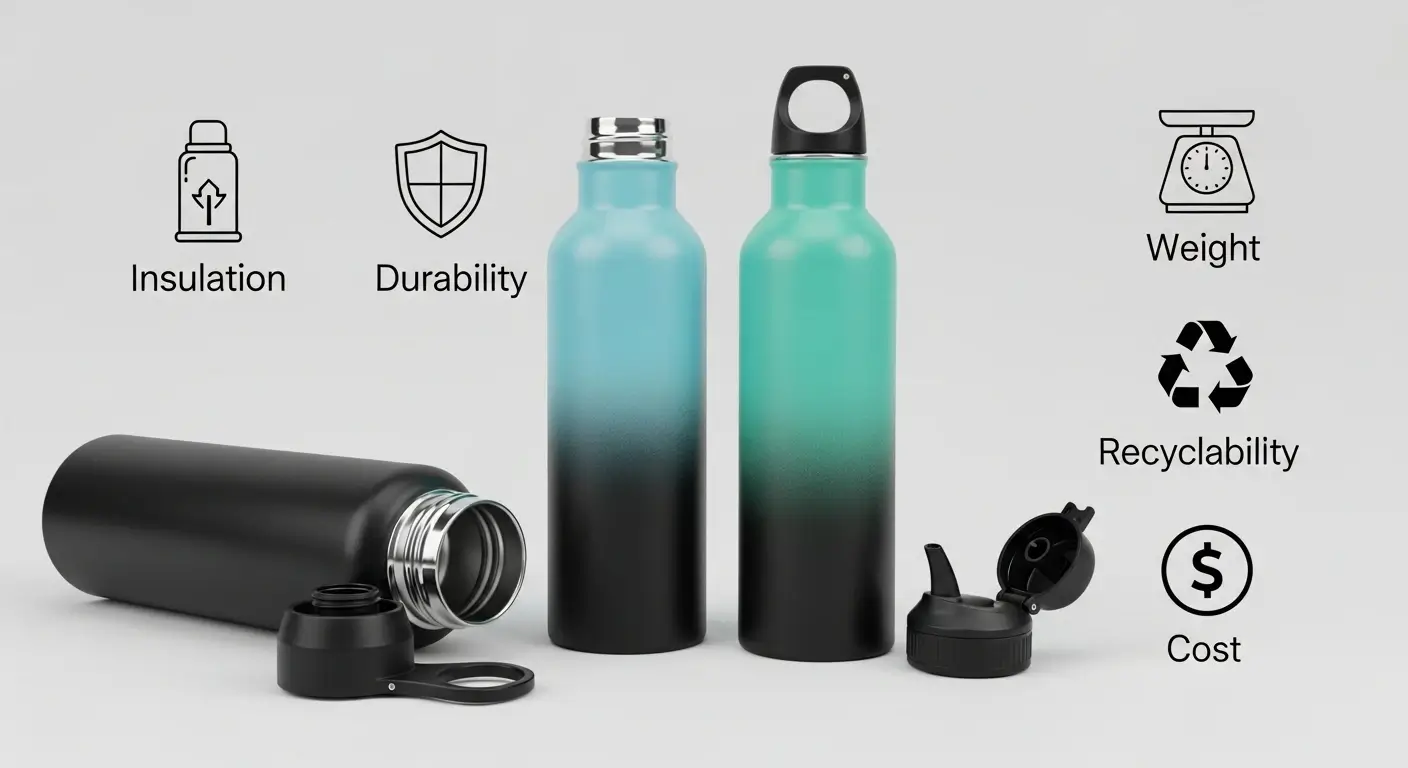 Checklist icons for insulation, durability, weight, recyclability, and cost