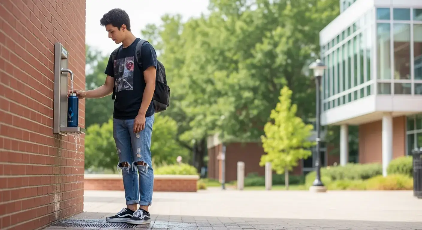Sustainable consumer behavior Young person filling bottle at refill station