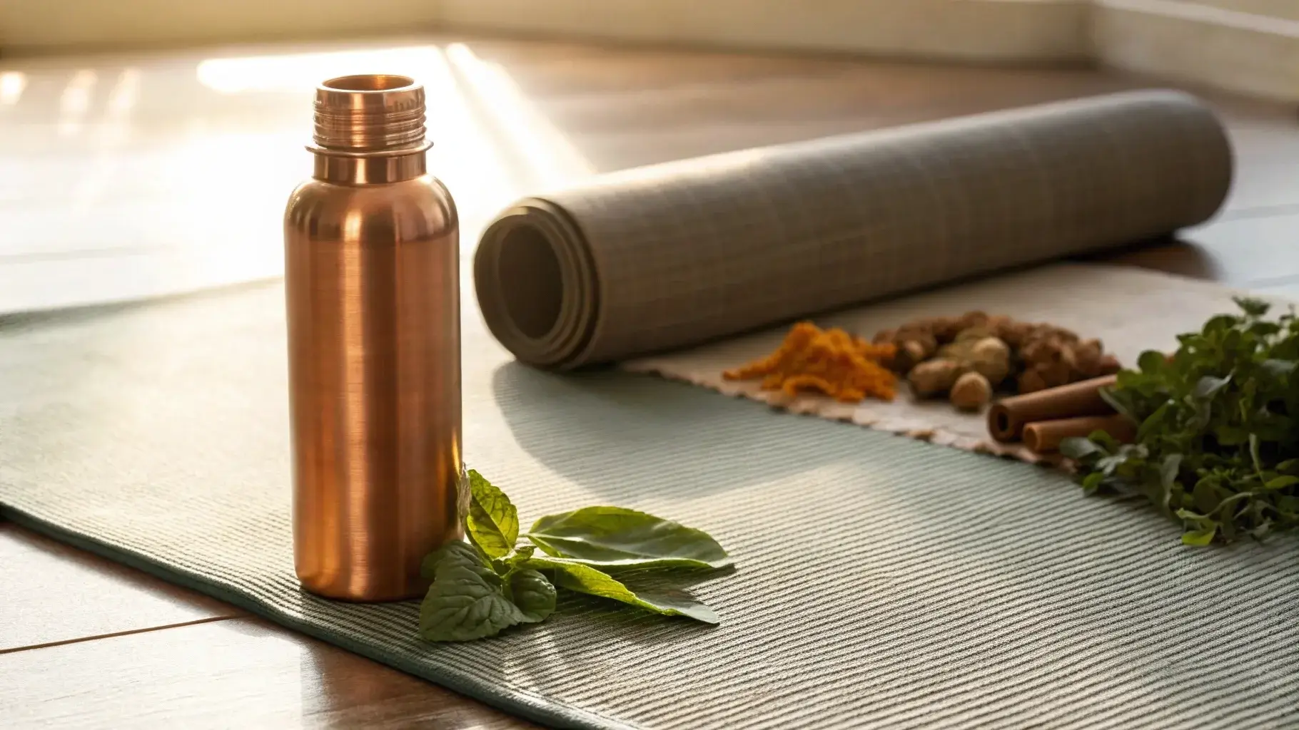 Copper bottle with Ayurvedic elements like tulsi, turmeric, and neem on a yoga mat