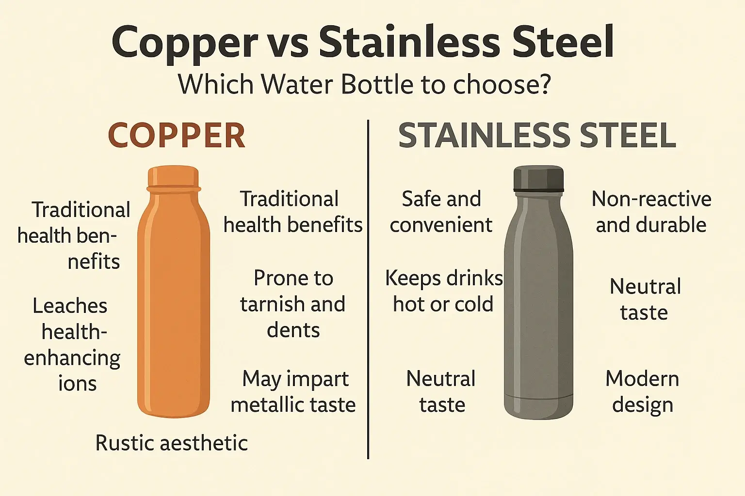 Infographic table comparing copper and stainless steel bottles with icons and summary points