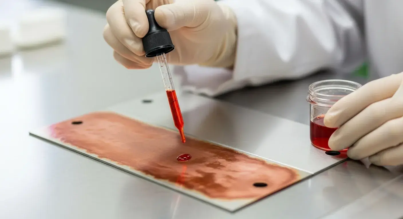 Dropper applying copper sulfate to metal