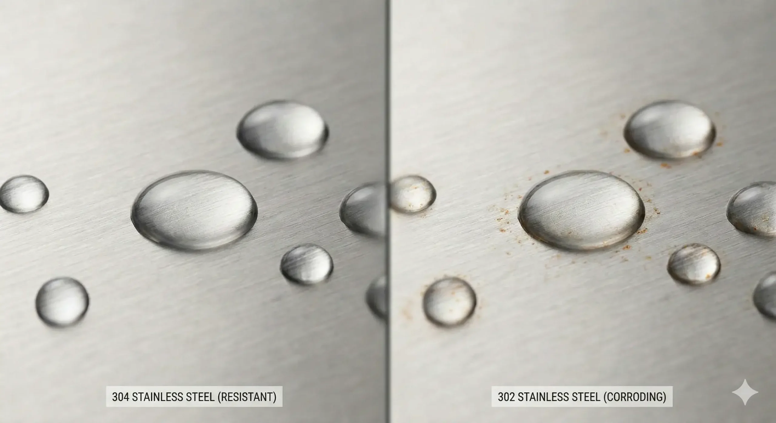 Corrosion resistance difference 304 stainless steel clean, 302 showing early signs of rust