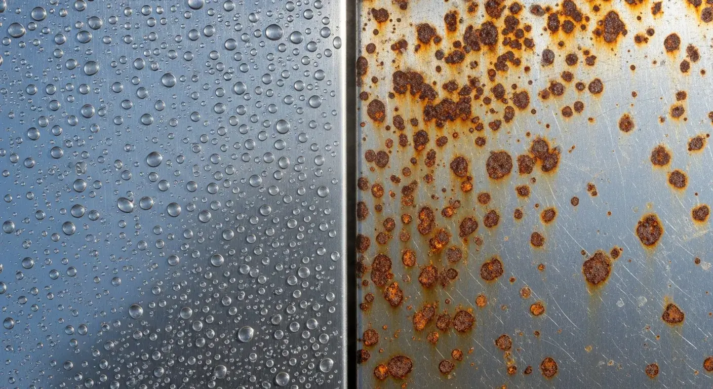 Corrosion resistance comparison 304 stainless steel resisting rust, 410 showing rust spots