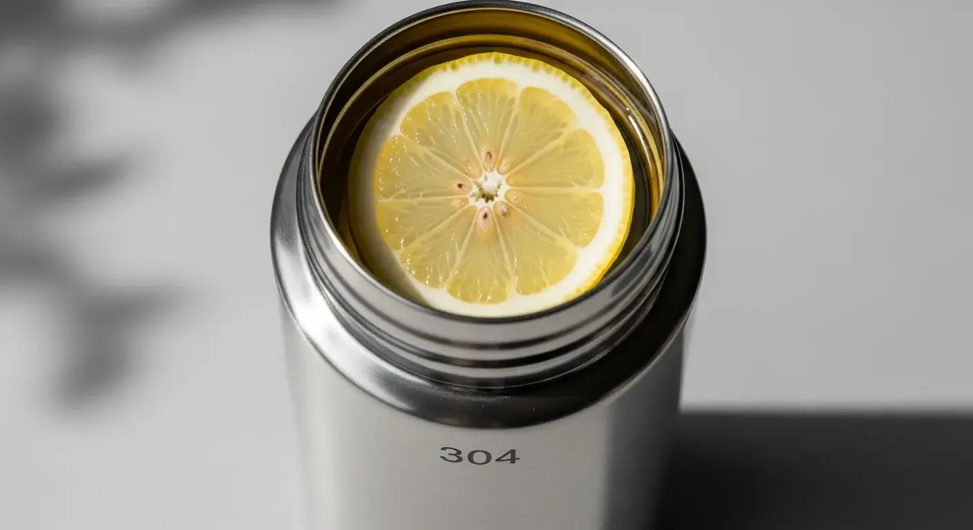 Label “304” on stainless bottle with lemon slice inside