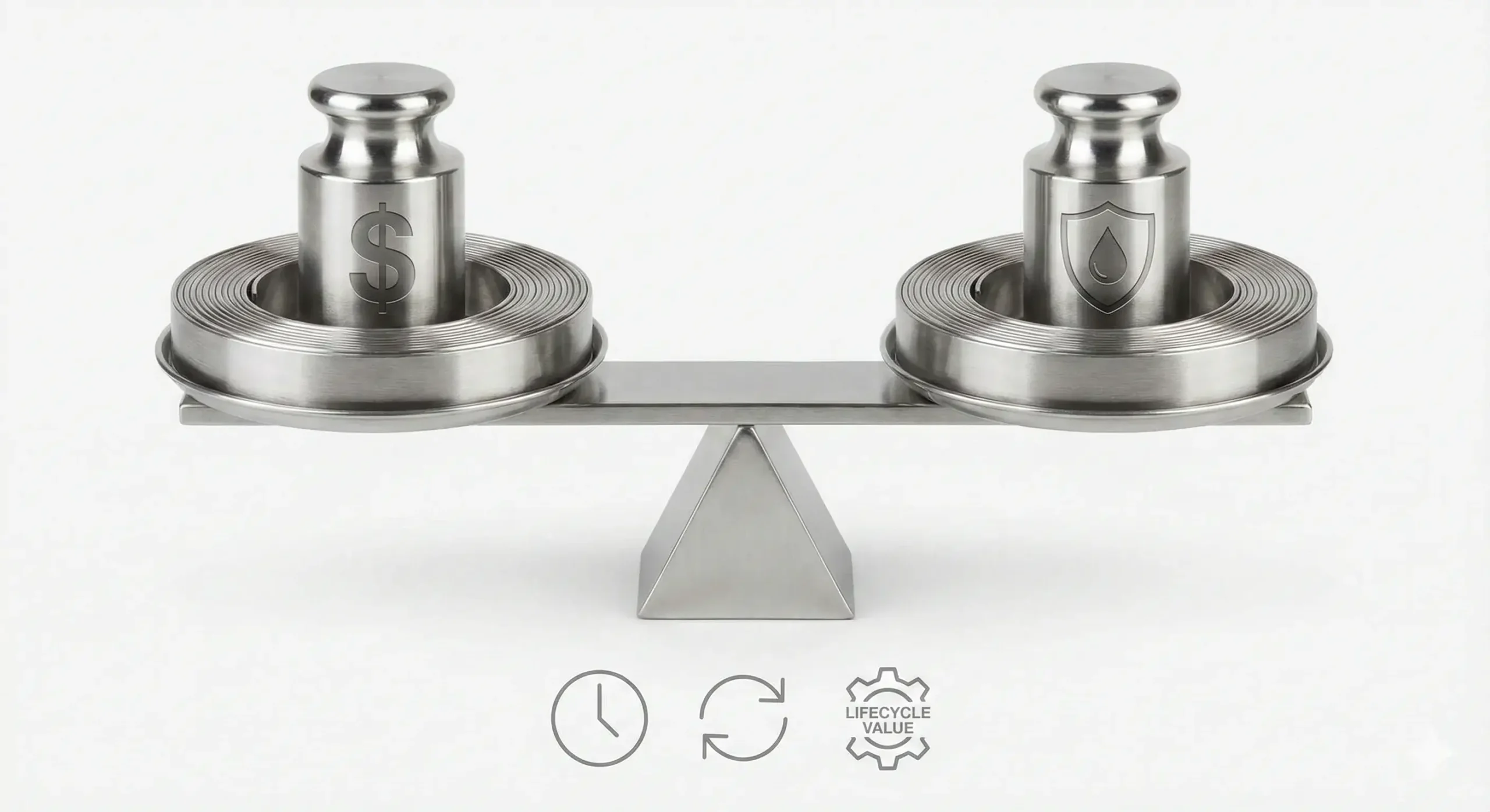 304 value proposition 304 stainless steel labeled with balance icons for cost vs durability