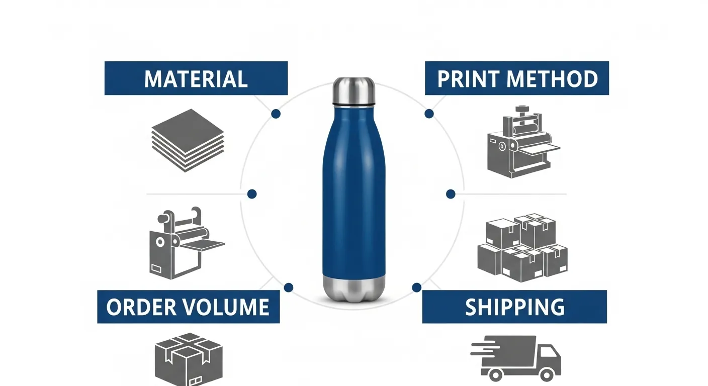Icons of material, printing, volume, and shipping around bottle