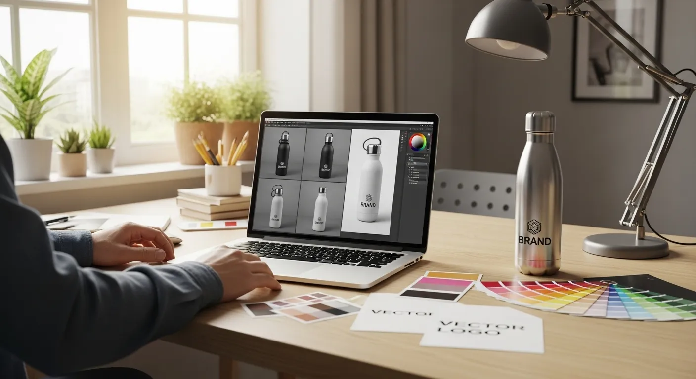 Designer reviewing 3D mockups of custom bottle on laptop