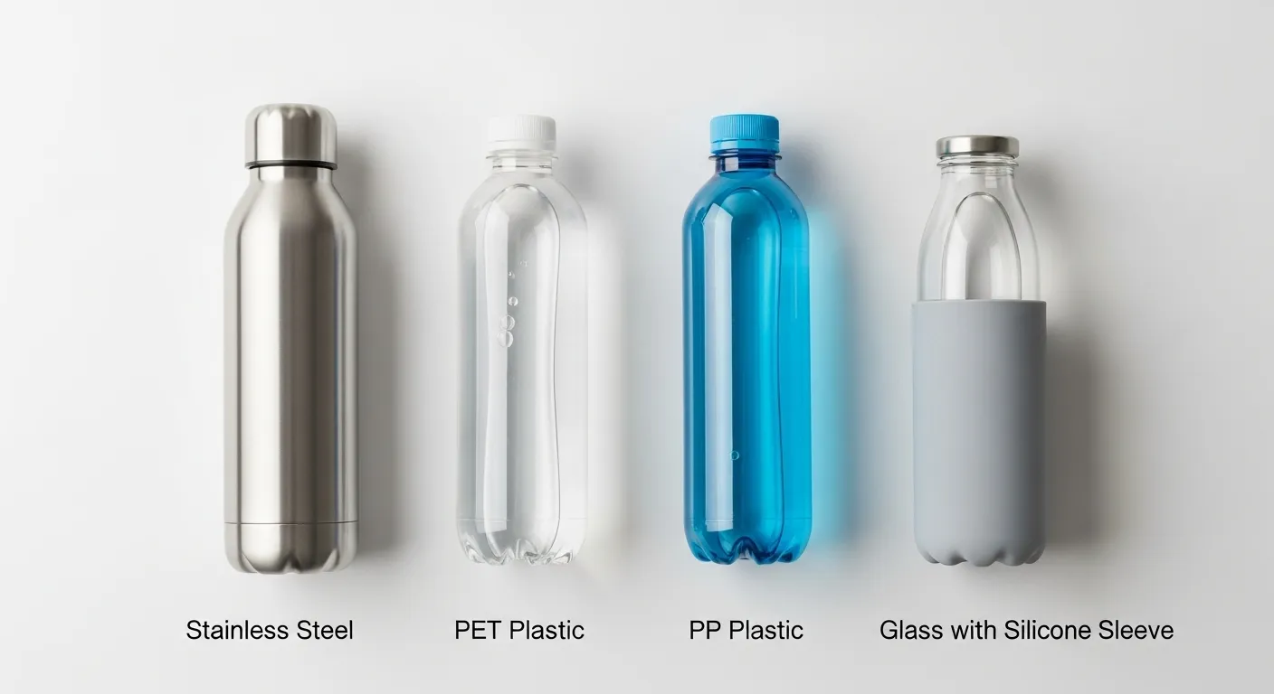 Stainless steel, PET plastic, PP plastic, and glass water bottles