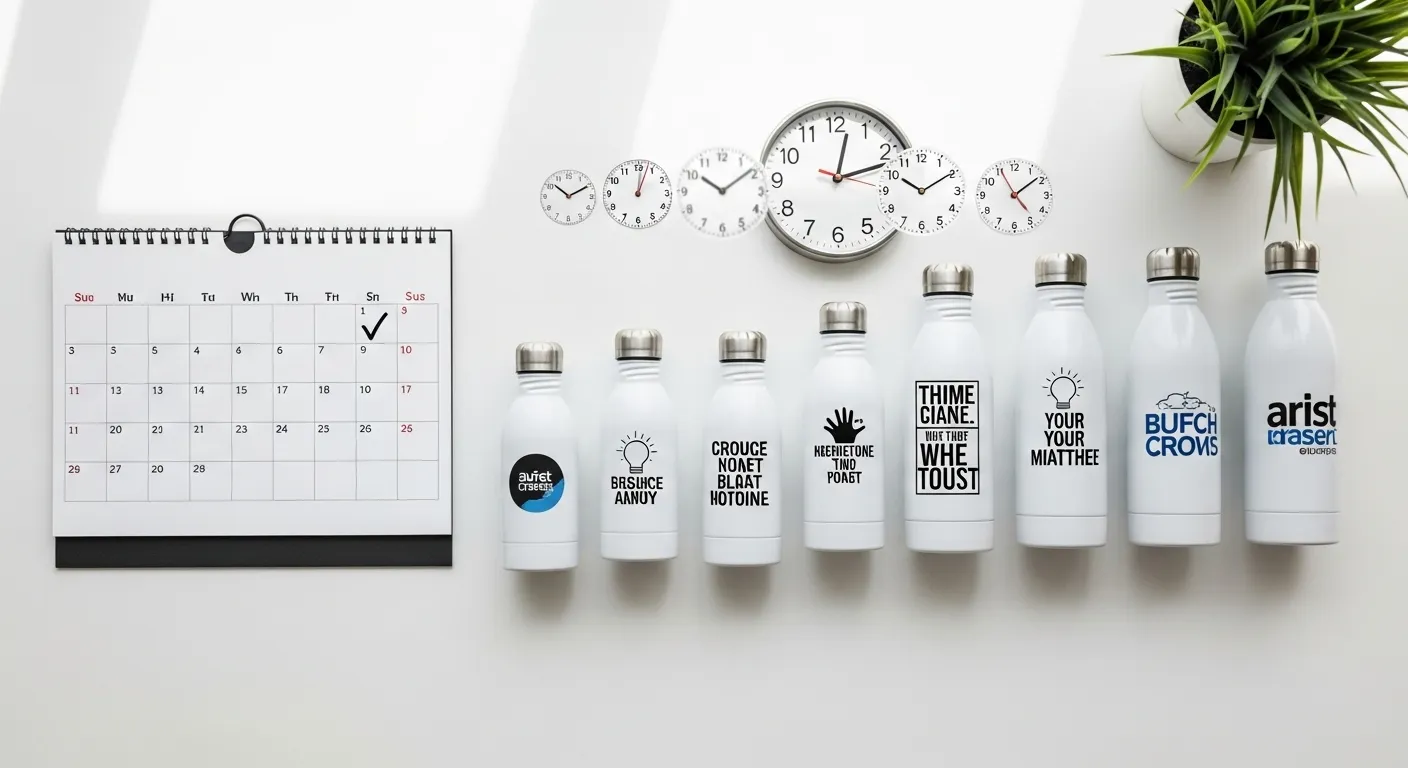 Clock, calendar, and bottle samples on workspace