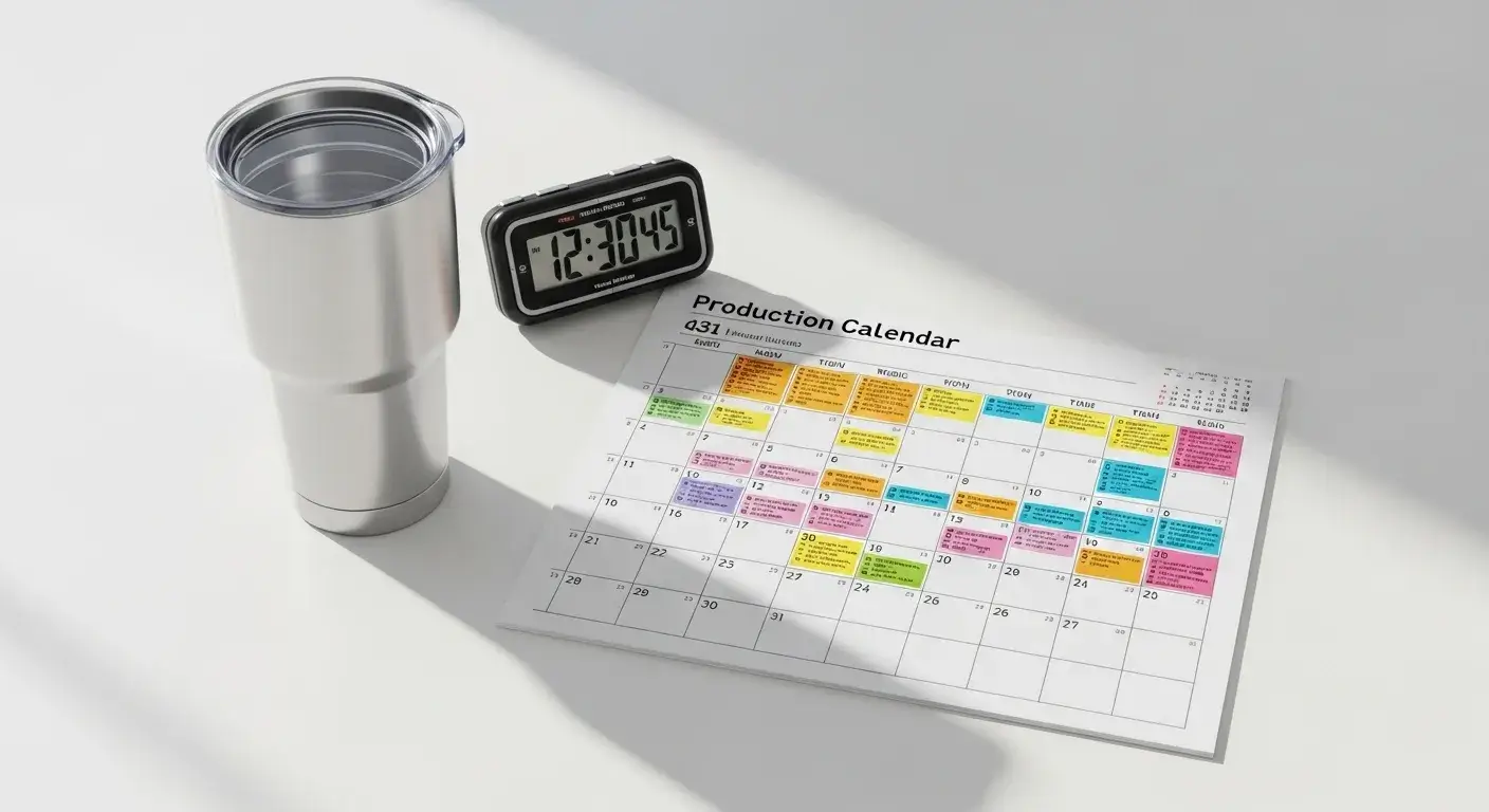 Tumbler production timing Calendar and stopwatch beside custom tumblers