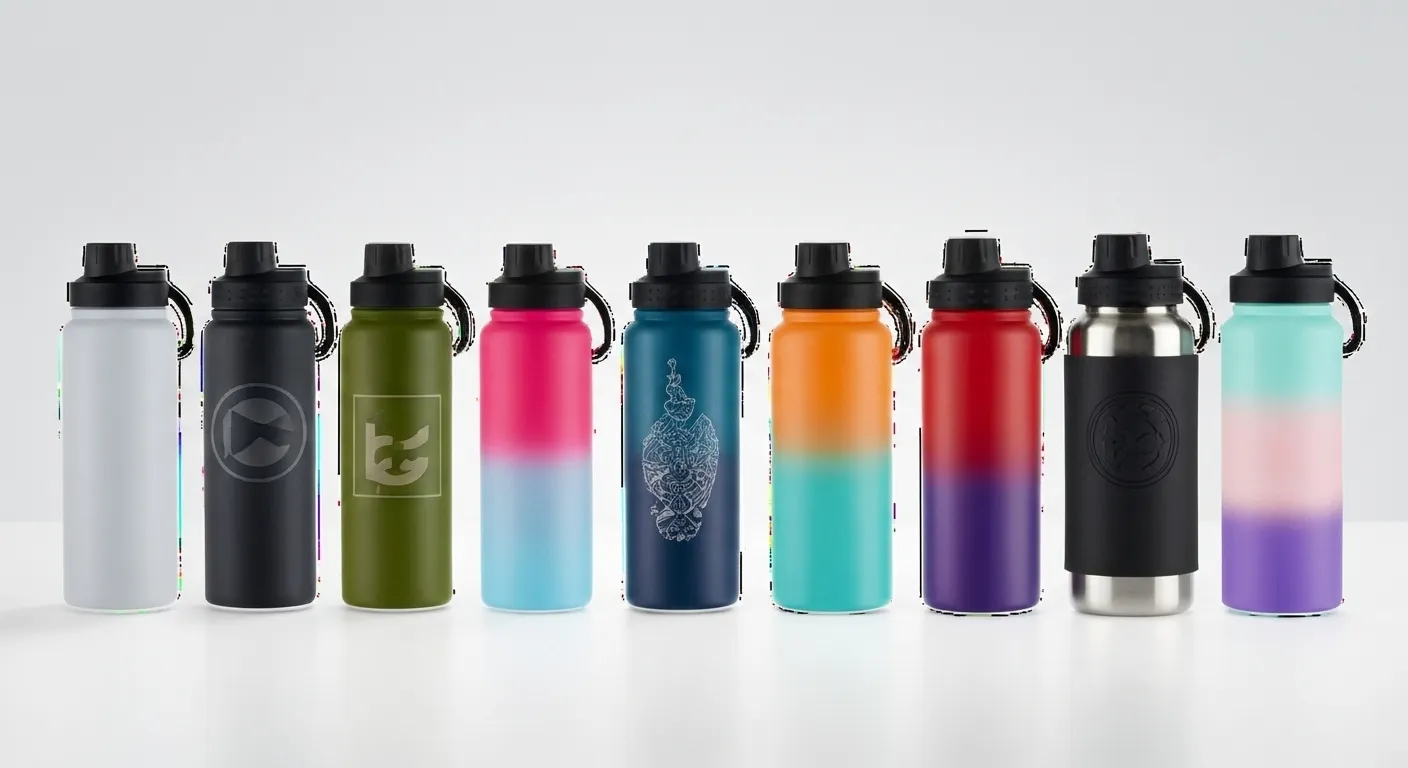 Water bottles showing screen printing, laser engraving, and embossing
