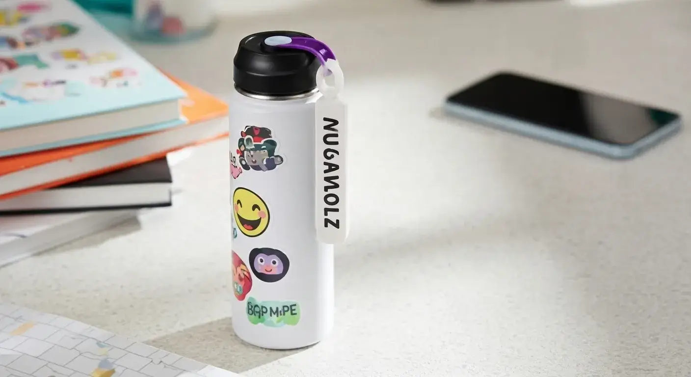 Make your bottle stand out Custom-decorated bottle with stickers and name tag