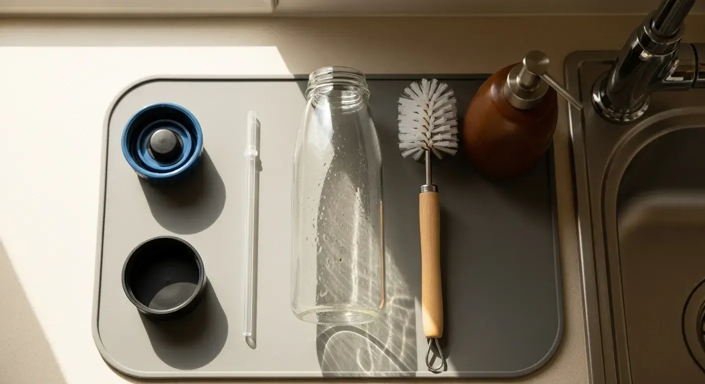 Steps for daily cleaning Disassembled bottle, brush, and soap ready for cleaning