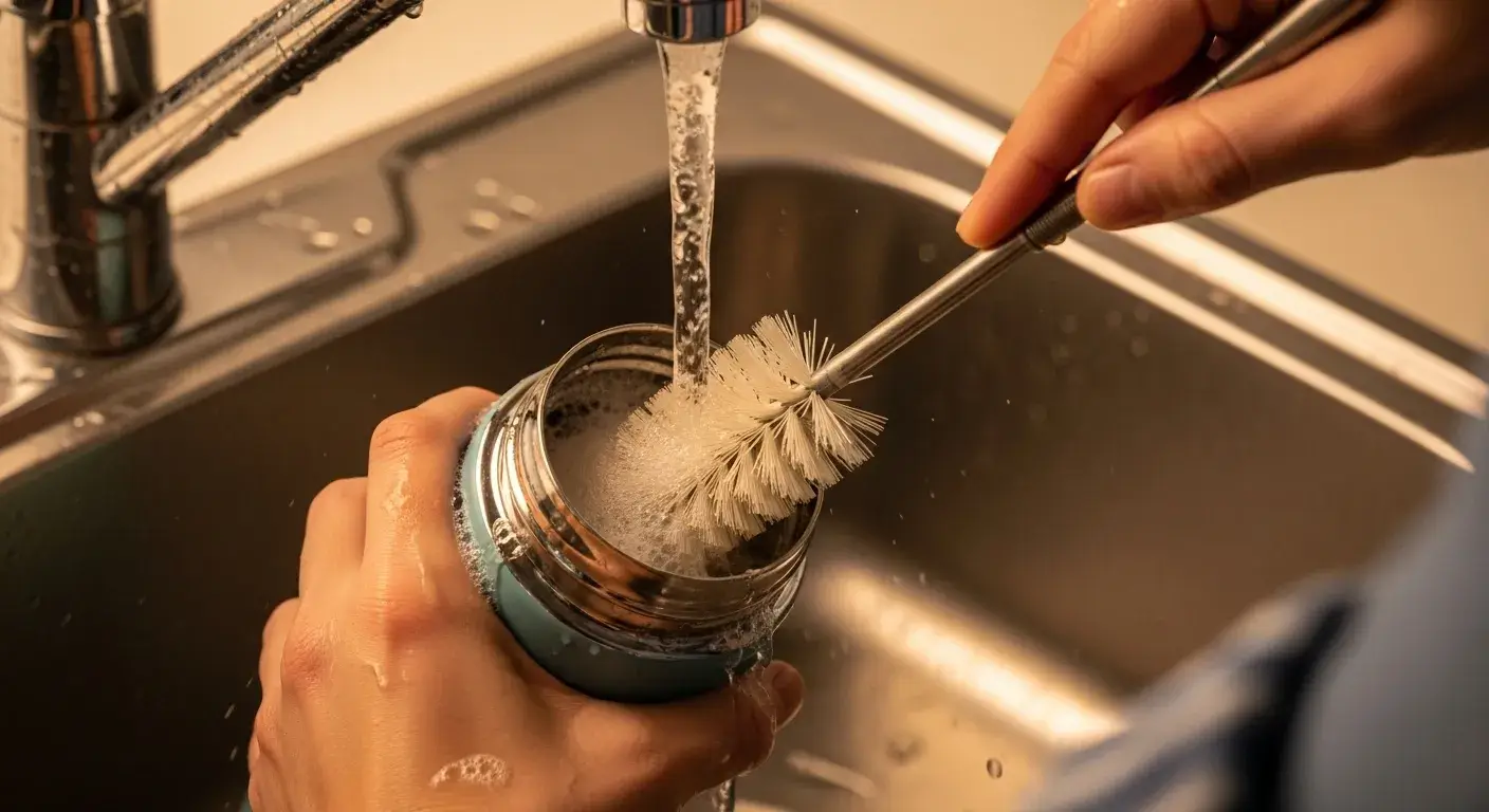 Daily wash is essential Hand washing a reusable bottle under warm water
