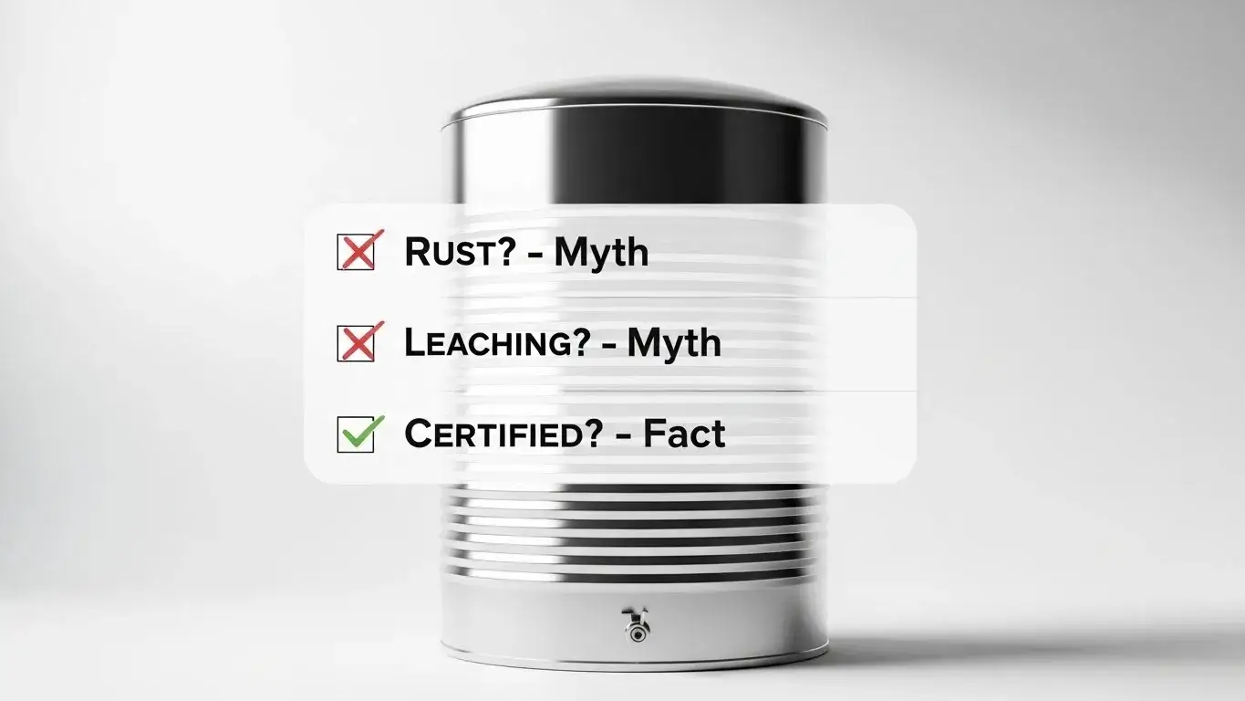 Myths vs facts checklist Stainless steel tank with myth/fact checklist overlay