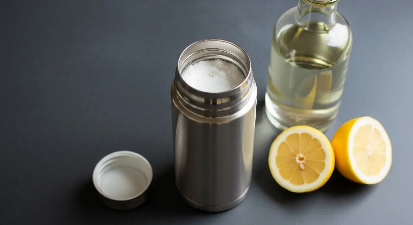 Insulated stainless steel water bottle with baking soda and vinegar