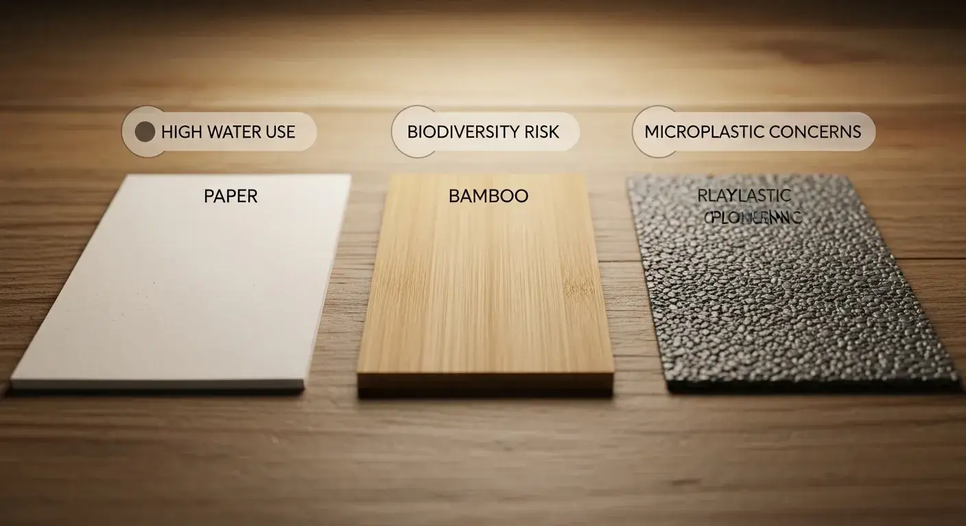 Sustainability trade-offs Three eco materials with trade-off labels: paper, bamboo, recycled plastic