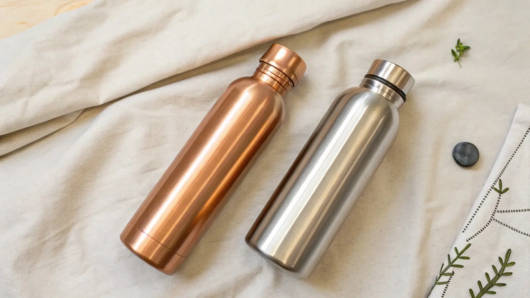 Infographic-style layout showing visual features of copper and stainless steel bottles