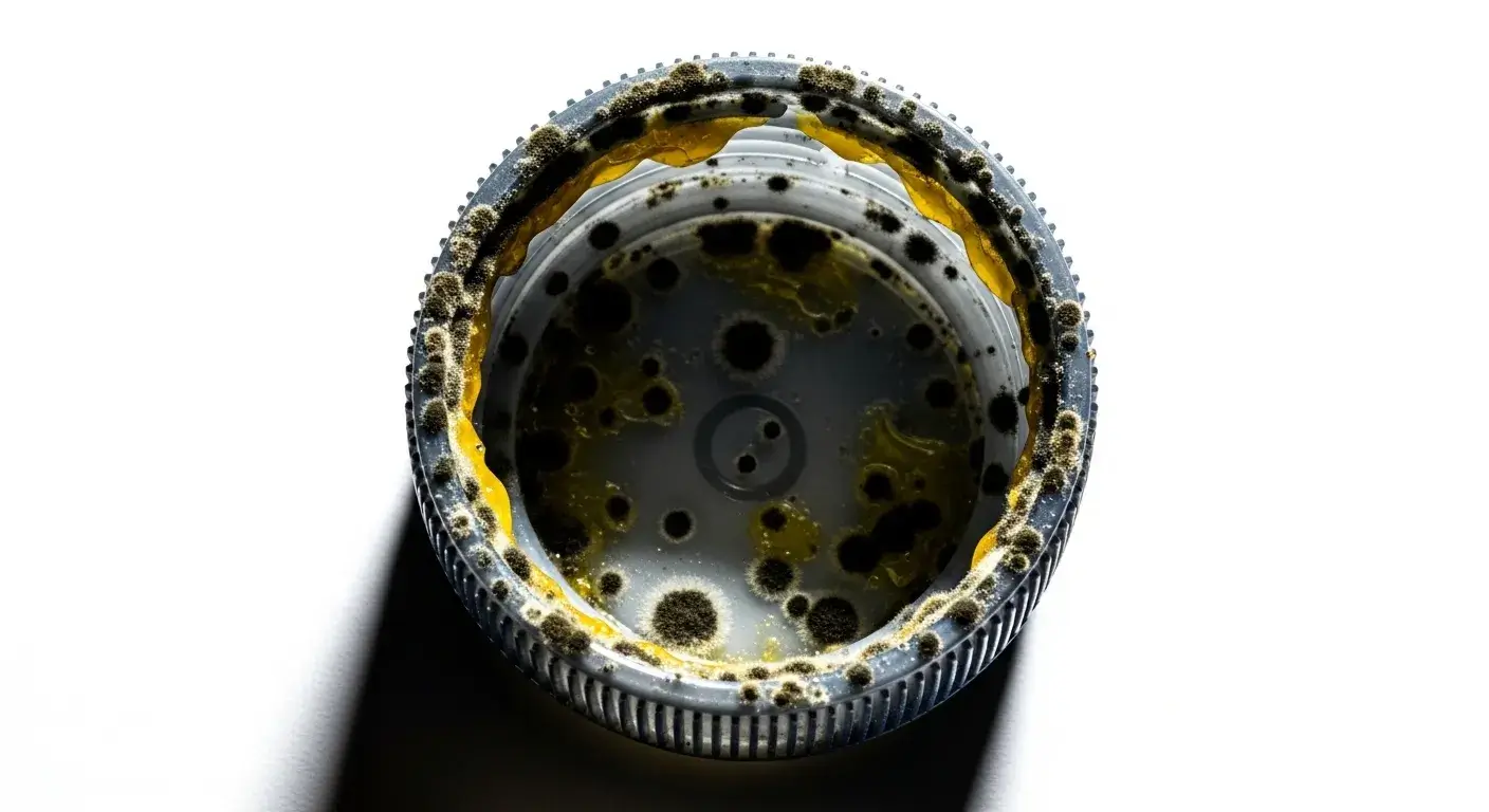 Risks of poor hygiene Moldy and slimy bottle cap on white background