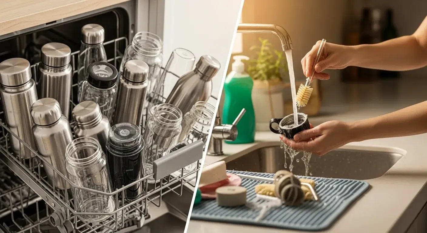 Dishwasher vs hand wash Reusable bottles on dishwasher rack and handwashing setup