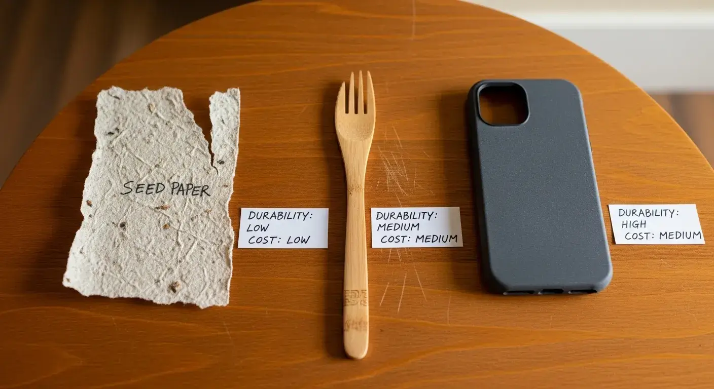 Eco materials performance Durability test items: seed paper, bamboo utensil, recycled plastic case