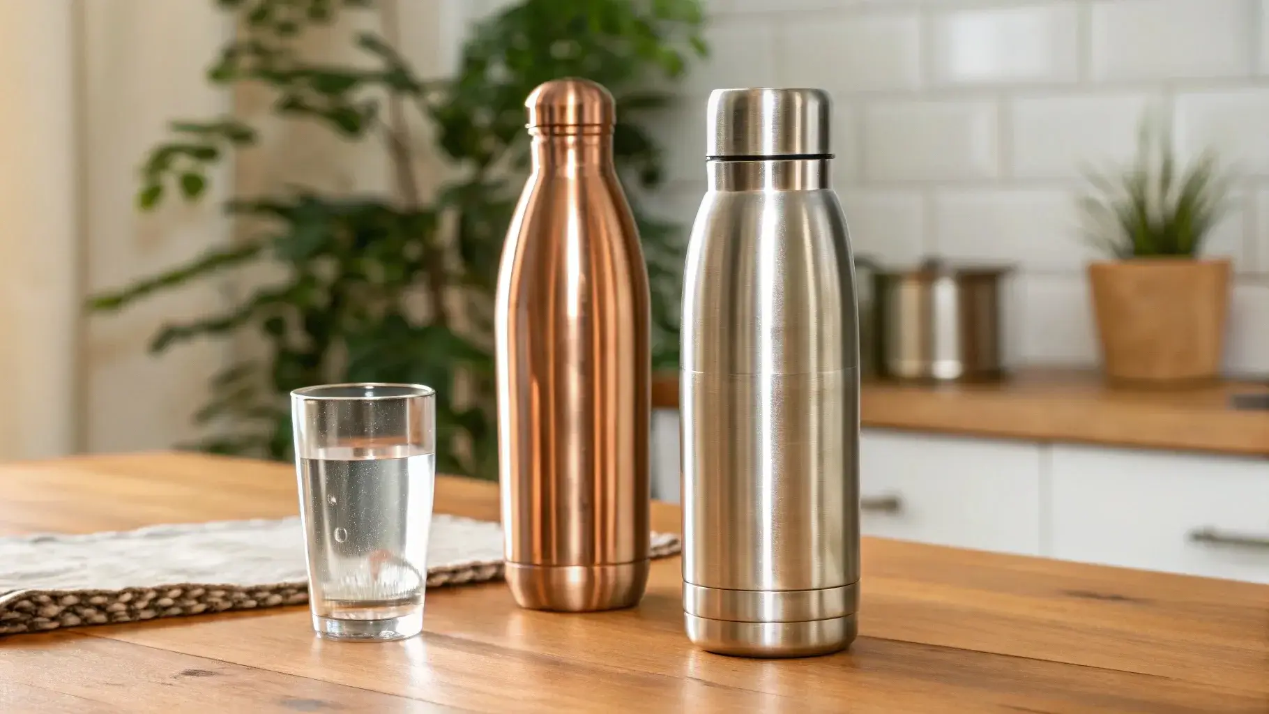 Stainless steel bottle in pristine condition next to a dented and tarnished copper bottle