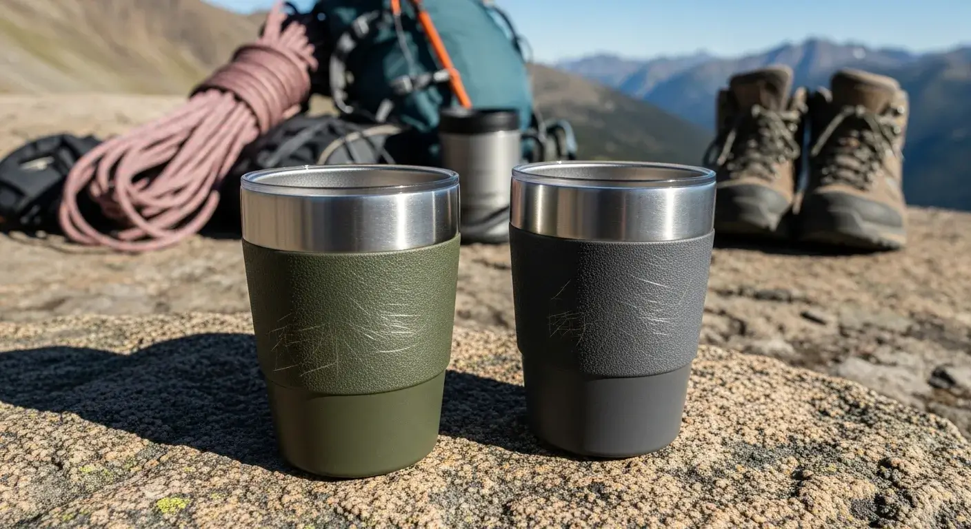Durable mug options Impact-resistant insulated cups on rocky surface